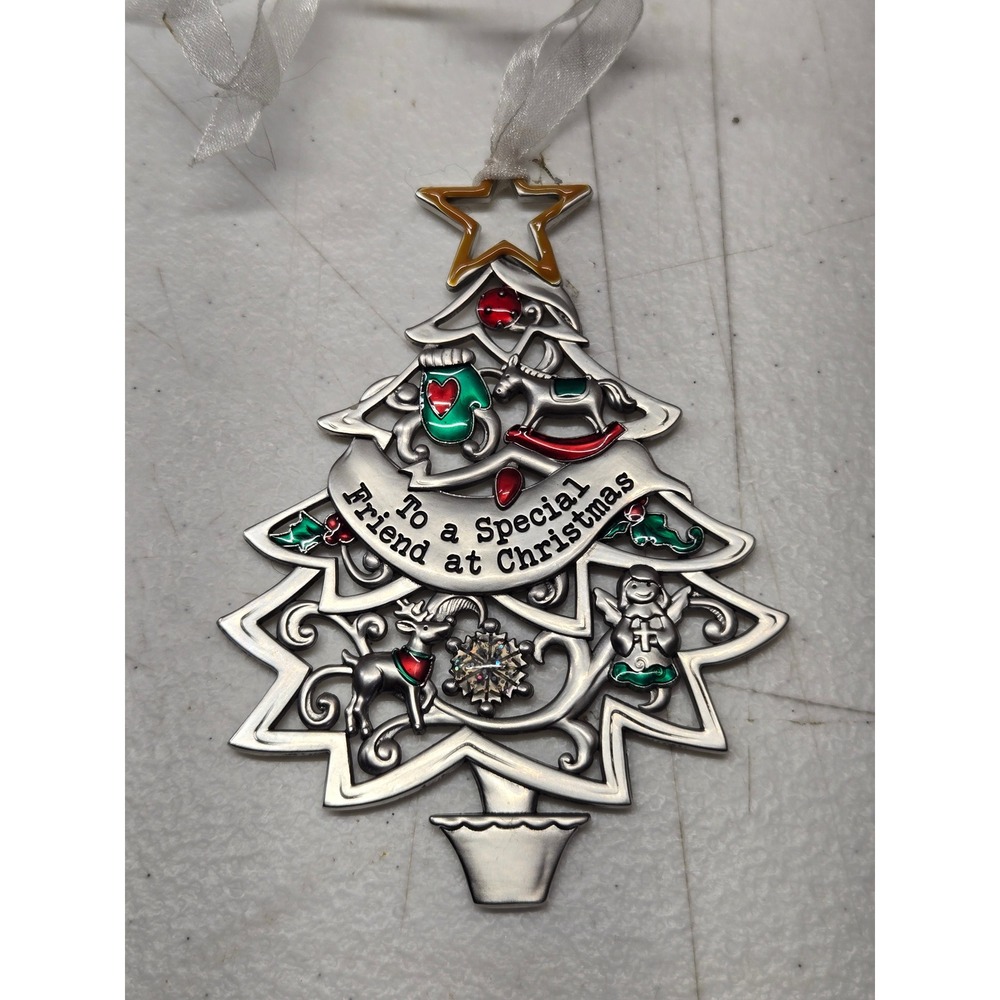 To a Special Friend at Christmas Tree‎ Ornament Silver Tone Metal Enamel Holiday